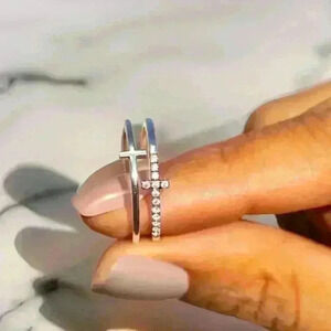 Silver Double Cross Rhinestones Ring Size 7